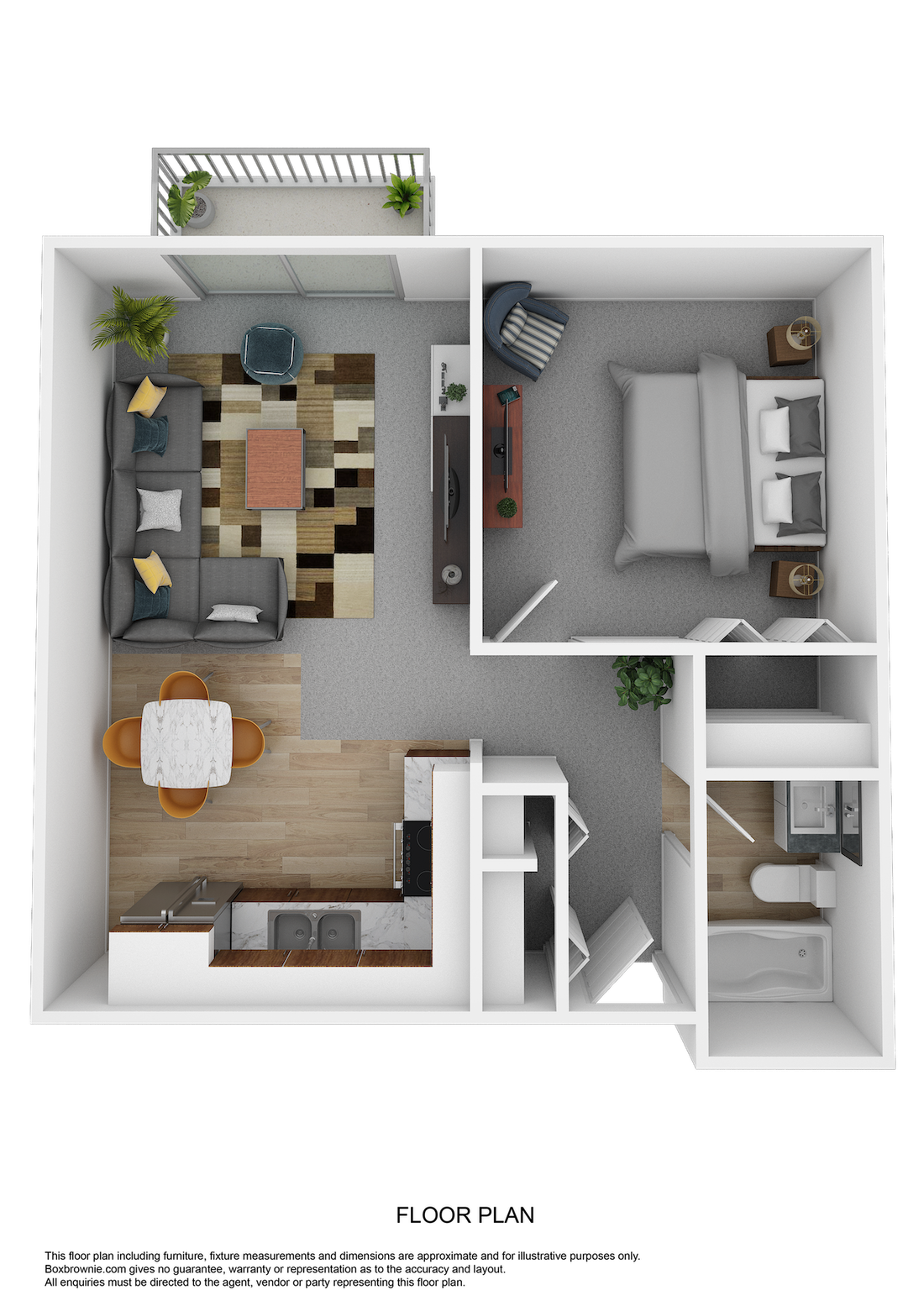 Floor plan for 1 bed, 1 bath, 600 sqft